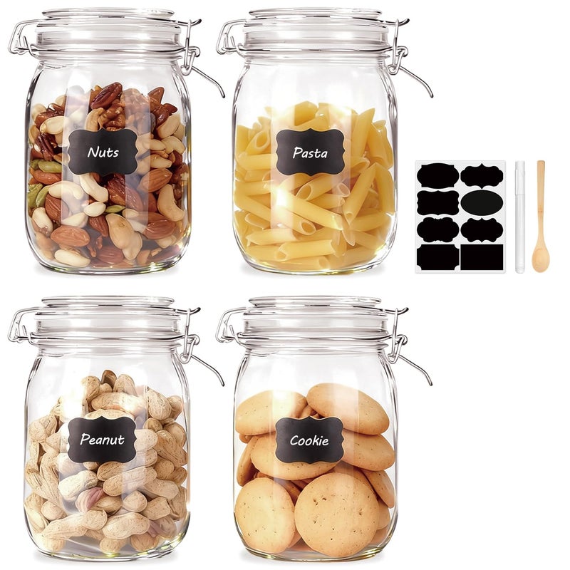 Flrolove Glass Kitchen Storage Canister Mason Jars with Lids,32oz Airtight Glass Canister with Hinged Lidï¼ŒPerfect for Kitchen Canning Cereal,Pasta,Sugar,Beans (Labels & Chalk Marker)-Set of 4 - Image 1